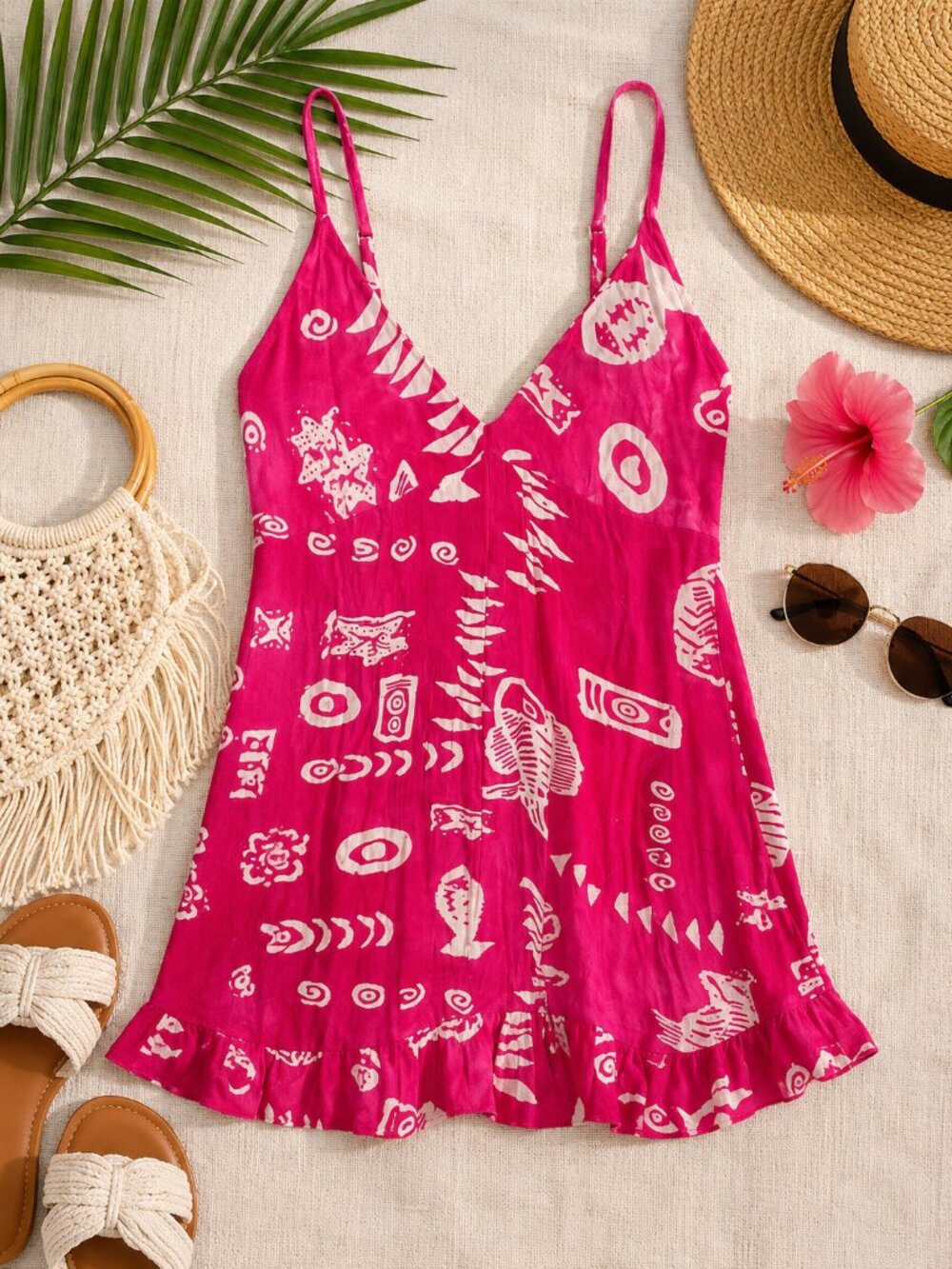 Indie Boutique Pink Tropical Rayon Mini Dress Cover Up Free Size Boho